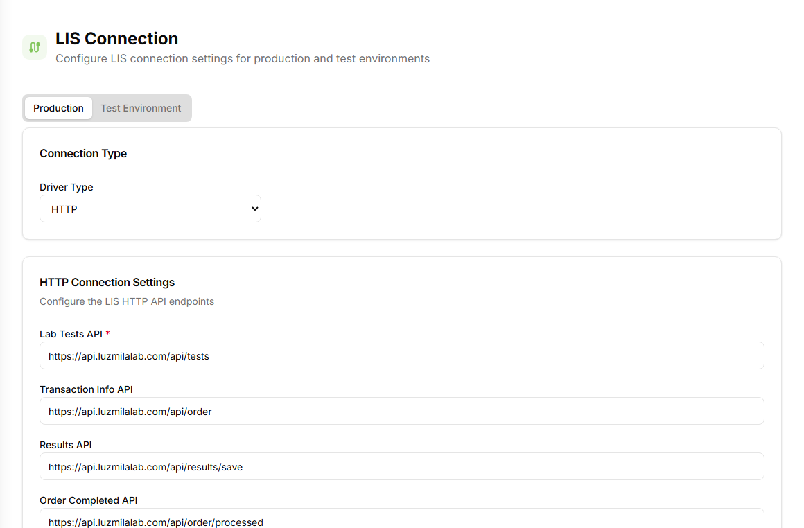MedConnect LIS connection settings