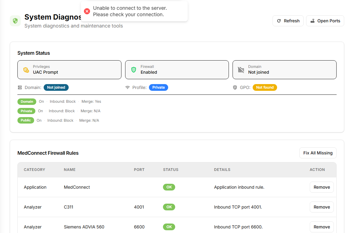 MedConnect system diagnostics